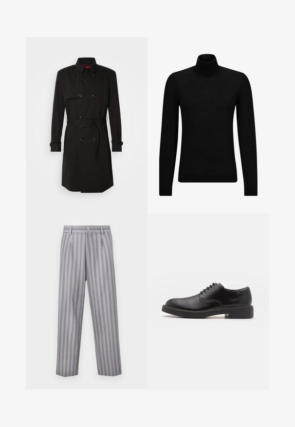 Černý trenčkot s dvouvrstvým designem, velkými knoflíky, páskem v pase a vysokým límcem. Hladká tkanina s matným povrchem.; Černý rolák vyrobený z měkkého materiálu, s dlouhými rukávy a těsným střihem. Hladký lem na spodním okraji a manžetách. Jednoduchý design.; Šedé pruhované kalhoty s přiléhavým střihem, které mají knoflíkovou sponu, záhyby a rovný střih nohavic. Tkanina má hladkou strukturu.; Černé kožené šněrovací boty s kulatou špičkou, hladkým povrchem, minimálním prošíváním a nízkým gumovým podpatkem. Logo na patě.