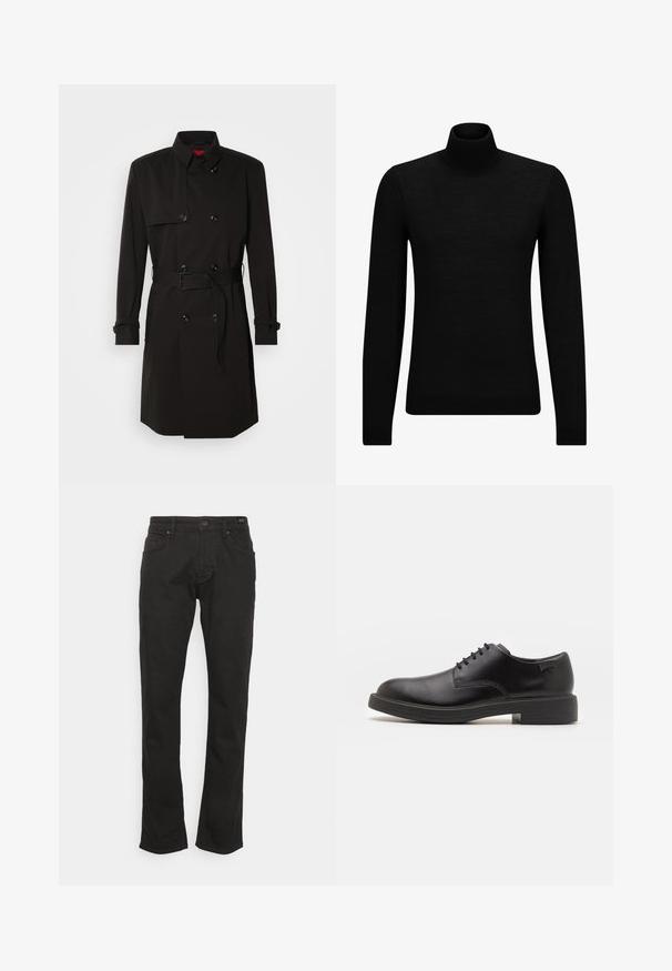 Melns tranšejas mētelis ar dubulto pogu dizainu, lielām pogām, jostu viduklī un augstu apkakli. Gluda auduma ar matētu apdari.; Melnā augstā kakla džemperis, kas izgatavots no mīksta materiāla, ar garām piedurknēm un pieguļušu piegriezumu. Ribota apdare ap apakšu un piedurknēm. Vienkāršs dizains.; JOOP! Jeans MITCH - Džinsi ar taisnām starām - black; Melna āda sašūta kurpe ar noapaļotu purngalu, gludu tekstūru, minimālu šuvju skaitu un zemu gumijas papēdi. Logo uz papēža.
