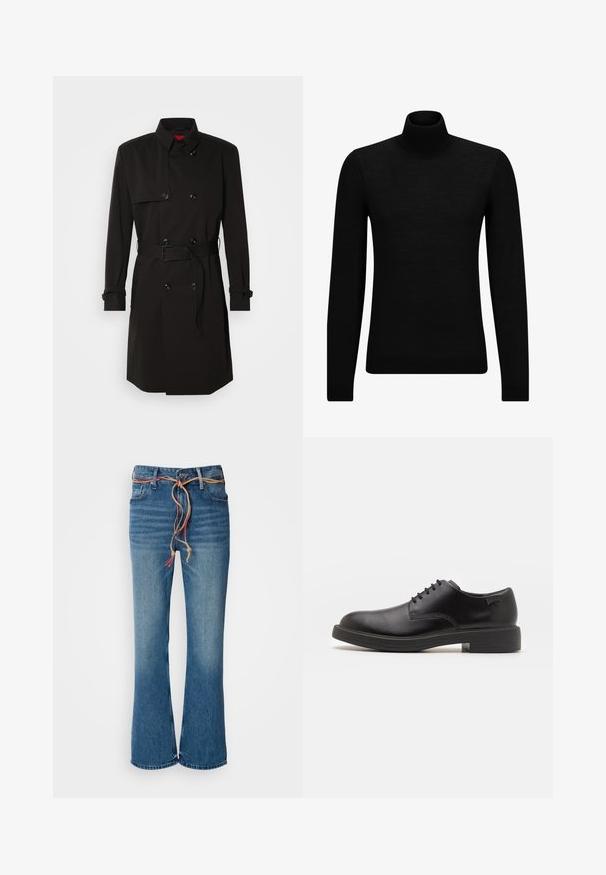 Schwarzer Trenchcoat mit einem doppelt knöpfbaren Design, großen Knöpfen, einem taillierten Gürtel und einem hohen Kragen. Glattes Material mit matter Oberfläche.; Schwarzer Rollkragenpullover aus weichem Material mit langen Ärmeln und enger Passform. Rippbesatz am Saum und an den Bündchen. Einfaches Design.; Blaue Denim-Jeans mit weitem Bein und hoher Taille, ausgestattet mit einem abnehmbaren beigen Kordelzug und subtiler Ausbleichung an den Oberschenkeln. Sauberer Saumabschluss.; Schwarzer Leder-Schnürschuh mit abgerundetem Zeh, glatter Textur, minimaler Naht und niedrigem Gummiabsatz. Logo auf der Ferse.