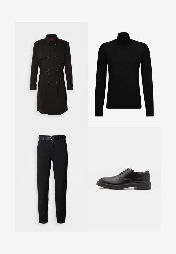 Black trench coat featuring a double-breasted design, large buttons, a belted waist, and a high collar. Smooth fabric with a matte finish.; Black turtleneck sweater made of soft material, featuring long sleeves and a snug fit. Ribbed trim at the hem and cuffs. Simple design.; Black trousers with a straight cut, featuring a smooth texture and a black leather belt with a silver buckle. Simple design, no patterns or accents.; Black leather lace-up shoe with a rounded toe, smooth texture, minimal stitching, and a low rubber heel. Logo on the heel.