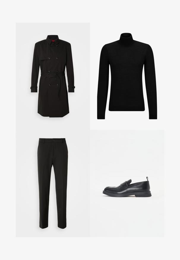 Palton negru cu un design cu dublu rând, butoane mari, talie cu curea și guler înalt. Material neted cu o finisare mată.; Pulover negru cu guler înalt, realizat dintr-un material moale, cu mâneci lungi și o croială ajustată. Tiv și mansete cu margine ondulată. Design simplu.; Pantaloni negri dintr-un material neted, cu picioare drepte, închidere cu nasture și un design clasic, potriviți atât pentru ocazii formale, cât și pentru cele casual.; Mocasini negri din piele cu vârful rotund, detaliu cu curea frontală și talpă din cauciuc joasă. Prezintă cusături subtile și o bandă de prindere în spate.