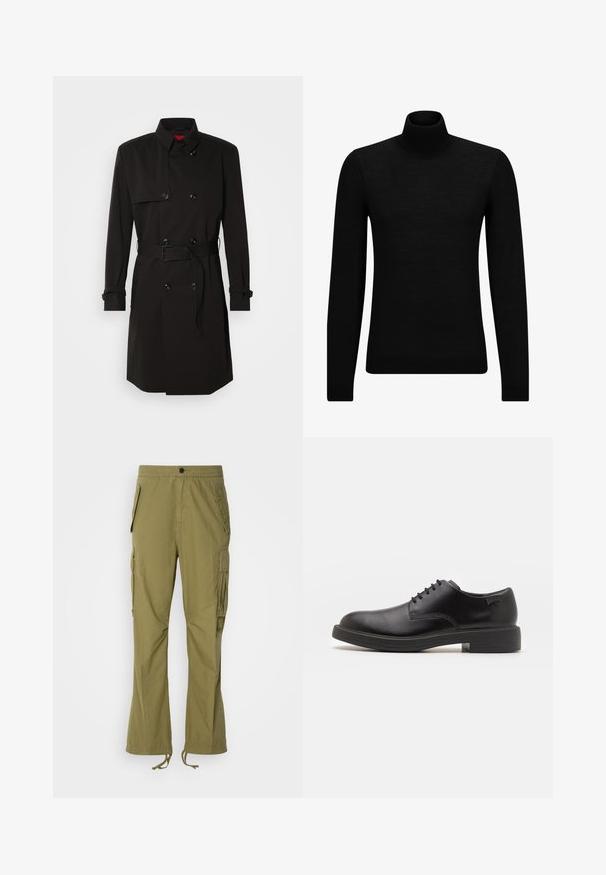 Cappotto lungo nero con design doppiopetto, grandi bottoni, vita con cintura e colletto alto. Tessuto liscio con finitura opaca.; Maglione a collo alto nero realizzato in materiale morbido, con maniche lunghe e vestibilità aderente. Bordo a coste all'orlo e ai polsini. Design semplice.; Pantaloni cargo verde oliva con vita elastica, tasche laterali e lacci regolabili sui polsini. Tessuto leggero con una texture liscia.; Scarpa nera in pelle con lacci, punta tonda, texture liscia, cuciture minime e tacco in gomma basso. Logo sul tacco.