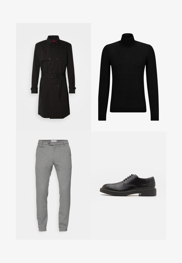 Zwarte trenchcoat met een dubbelzijdig ontwerp, grote knopen, een tailleband en een hoge kraag. Gladde stof met een matte afwerking.; Zwarte coltrui van zacht materiaal, met lange mouwen en een snug fit. Geribbelde afwerking aan de onderkant en mouwen. Eenvoudig ontwerp.; Grijze broek van een gestructureerde, geweven stof; slim fit; vijf-pocket ontwerp; knoopsluiting; taps toelopende enkels; subtiel patroon.; Zwarte leren veterschoen met een ronde neus, een gladde textuur, minimale stiksels en een lage rubberen hak. Logo op de hak.