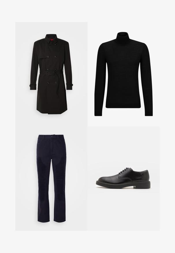 Zwarte trenchcoat met een dubbelzijdig ontwerp, grote knopen, een tailleband en een hoge kraag. Gladde stof met een matte afwerking.; Zwarte coltrui van zacht materiaal, met lange mouwen en een snug fit. Geribbelde afwerking aan de onderkant en mouwen. Eenvoudig ontwerp.; Donkerblauwe corduroybroek met een gladde stof, rechte pijpen en horizontale ribbels op de voorkeurszakken voor extra textuur.; Zwarte leren veterschoen met een ronde neus, een gladde textuur, minimale stiksels en een lage rubberen hak. Logo op de hak.