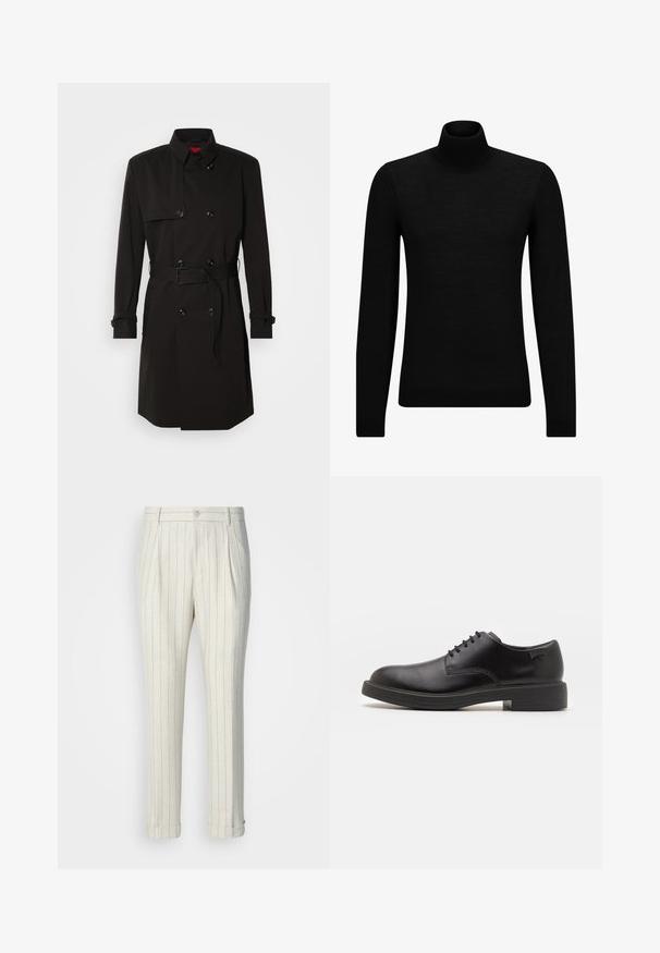 Palton negru cu un design cu dublu rând, butoane mari, talie cu curea și guler înalt. Material neted cu o finisare mată.; Pulover negru cu guler înalt, realizat dintr-un material moale, cu mâneci lungi și o croială ajustată. Tiv și mansete cu margine ondulată. Design simplu.; Pantaloni plisati dintr-un material ușor, având o bază crem cu dungi verticale subțiri albastre. Mânici cu tivuri și un singur nasture frontal.; Pantofii din piele neagră, cu șireturi, au vârful rotunjit, o textură netedă, cusături minime și un toc de cauciuc scăzut. Logo pe toc.