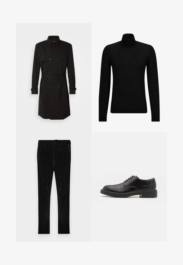Mustade trench-takid, millel on kahekordselt nööbitud disain, suured nööbid, vööl olev rihm ja kõrge krae. Sile kangas matta viimistlusega.; Musthave muströid ja pehmest materjalist must turtleneck, millel on pikad varrukad ja tihe istuvus. Ribaga ääris allservas ja vöökohal. Lihtne disain.; Mustad kordurospüksid vertikaalsete soontega, millel on klassikaline nööbi ja tõmbluku kinnitusega, küljetaskud ning sirge lõikega sääred.; Must beemel levalis kingad ümarate varvastega, sileda pinnaga, minimaalsete õmblustega ja madala kummist kontsaga. Logo kontsa peal.