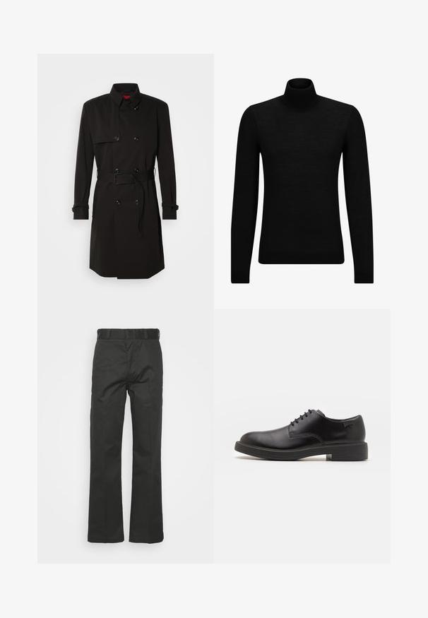 Schwarzer Trenchcoat mit einem doppelt knöpfbaren Design, großen Knöpfen, einem taillierten Gürtel und einem hohen Kragen. Glattes Material mit matter Oberfläche.; Schwarzer Rollkragenpullover aus weichem Material mit langen Ärmeln und enger Passform. Rippbesatz am Saum und an den Bündchen. Einfaches Design.; Schwarze Hosen aus glattem Stoff, mit geradem Bein-Design, Gürtelschlaufen und sichtbaren Nähten. Keine Taschen oder Muster.; Schwarzer Leder-Schnürschuh mit abgerundetem Zeh, glatter Textur, minimaler Naht und niedrigem Gummiabsatz. Logo auf der Ferse.