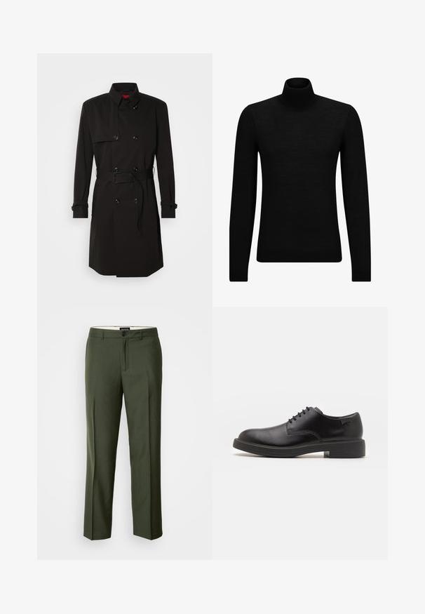 Black trench coat featuring a double-breasted design, large buttons, a belted waist, and a high collar. Smooth fabric with a matte finish.; Black turtleneck sweater made of soft material, featuring long sleeves and a snug fit. Ribbed trim at the hem and cuffs. Simple design.; Olive green tailored trousers made from a smooth fabric, featuring a single button closure, belt loops, and front pleats for structure.; Black leather lace-up shoe with a rounded toe, smooth texture, minimal stitching, and a low rubber heel. Logo on the heel.