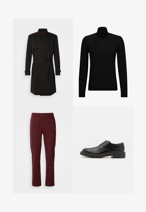 Fekete trench kabát, dupla gombos dizájnnal, nagy gombokkal, övvel ellátott derékkal és magas gallérral. Simább anyag, matt felülettel.; Fekete garbó pulóver puha anyagból, hosszú ujjakkal és szoros fazonnal. Ribbed díszítés az alján és az ujjak végén. Egyszerű dizájn.; Barna pamut nadrág egyenes szabással, elülső zsebekkel, egygombos záródással és látható varrási részletekkel.; Fekete bőrcipő, kerek orrú, sima felületű, minimális varrással és alacsony gumitalppal. Logó a sarokrészen.