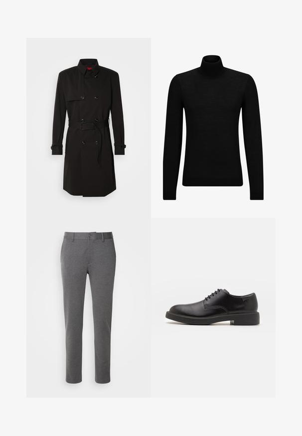 Crni trench kaput s dvostrukim kopčanjem, velikim gumbima, remenom u struku i visokim ovratnikom. Glatka tkanina s mat završetkom.; Crni dukserica s visokim ovratnikom, napravljena od mekanog materijala, s dugim rukavima i priljubljenim krojem. Rebrasti detalji na donjem rubu i rukavima. Jednostavan dizajn.; Sive odijelo hlače od meke tkanine, s glatkom teksturom, prednjim džepovima i zatvaranjem na jedan gumb na struku.; Crne kožne cipele s vezanjem i zaobljenim vrhom, glatke teksture, minimalnim šavovima i niskim gumiranim potplatom. Logo se nalazi na peti.