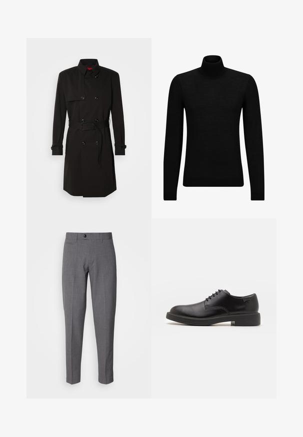 Zwarte trenchcoat met een dubbelzijdig ontwerp, grote knopen, een tailleband en een hoge kraag. Gladde stof met een matte afwerking.; Zwarte coltrui van zacht materiaal, met lange mouwen en een snug fit. Geribbelde afwerking aan de onderkant en mouwen. Eenvoudig ontwerp.; Grijze op maat gemaakte broeken met een gladde textuur, voorzien van een enkele knoopsluiting, voorkeurszakken en een slim fit ontwerp.; Zwarte leren veterschoen met een ronde neus, een gladde textuur, minimale stiksels en een lage rubberen hak. Logo op de hak.