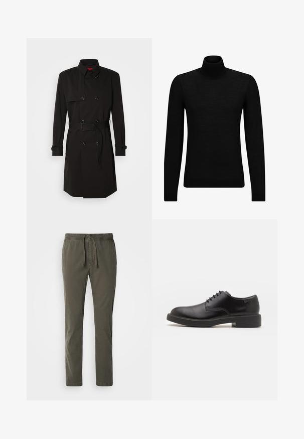 Mustade trench-takid, millel on kahekordselt nööbitud disain, suured nööbid, vööl olev rihm ja kõrge krae. Sile kangas matta viimistlusega.; Musthave muströid ja pehmest materjalist must turtleneck, millel on pikad varrukad ja tihe istuvus. Ribaga ääris allservas ja vöökohal. Lihtne disain.; Tumed roheline, kitsenev püksid elastse vöökoha ja paelaga. Valmistatud pehmest puuvillast materjalist, millel on sile tekstuur.; Must beemel levalis kingad ümarate varvastega, sileda pinnaga, minimaalsete õmblustega ja madala kummist kontsaga. Logo kontsa peal.