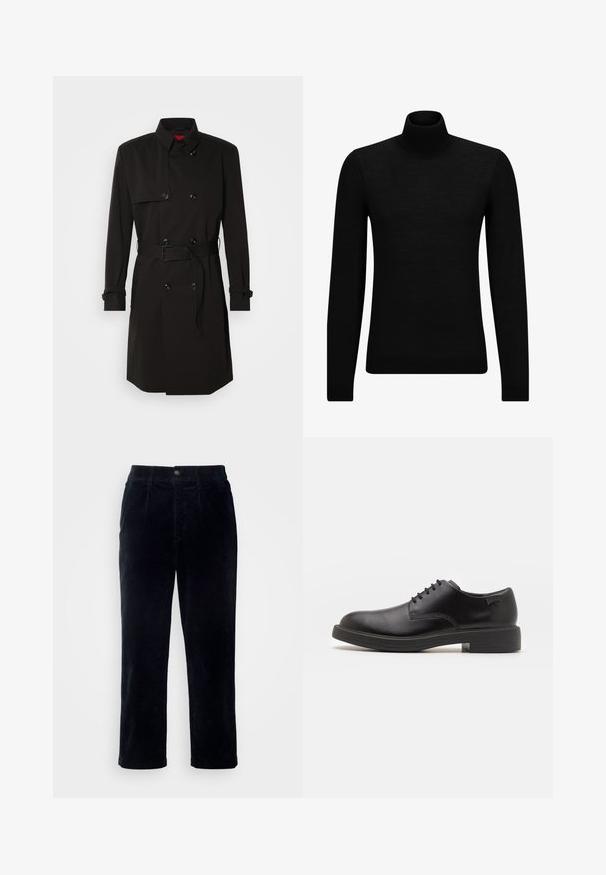Czarny płaszcz typu trench z podwójnym zapięciem, dużymi guzikami, paskiem w talii oraz wysokim kołnierzem. Gładki materiał o matowym wykończeniu.; Czarny sweter z golfem wykonany z miękkiego materiału, z długimi rękawami i dopasowanym krojem. Żebrowane wykończenie na dolnym brzegu i mankietach. Prosty design.; Ciemnoniebieskie spodnie z korduroju o prostym kroju, z zapięciem na guzik i subtelną teksturą pionowych prążków.; Czarny skórzany but za kostkę z okrągłym noskiem, gładką fakturą, minimalnym przeszyciem i niskim gumowym obcasem. Logo na pięcie.
