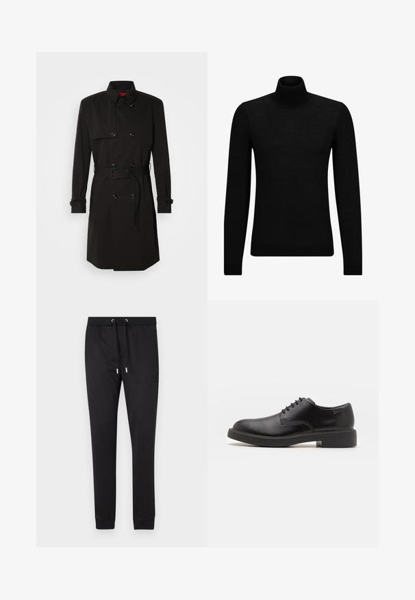 Črni plašč s dvojno zadrgo, velikimi gumbi, pasom in visokim ovratnikom. Gladek material z mat površino.; Črna turtleneck pulover iz mehkega materiala, z dolgimi rokavi in tesnim prileganjem. R ibana obroba na robu in rokavih. Preprosta zasnova.; Črne trenirke iz mehkega blaga, ki imajo elastičen pas z vrvicami, stranske žepke in oprijete manšete na gležnjih.; Črne usnjene čipkaste čevlje z zaobljenim nosom, gladko teksturo, minimalnim šitjem in nizkim gumijastim peto. Logo na peti.