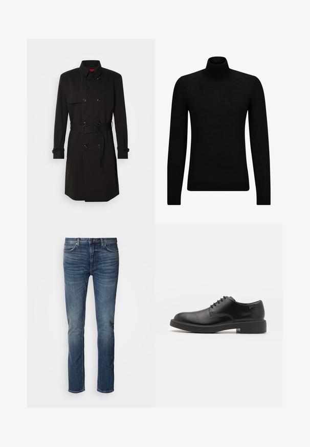 Czarny płaszcz typu trench z podwójnym zapięciem, dużymi guzikami, paskiem w talii oraz wysokim kołnierzem. Gładki materiał o matowym wykończeniu.; Czarny sweter z golfem wykonany z miękkiego materiału, z długimi rękawami i dopasowanym krojem. Żebrowane wykończenie na dolnym brzegu i mankietach. Prosty design.; Niebieskie dżinsy o prostym kroju, średnio wysokim stanie, pięciokieszeniowym fasonie oraz subtelnych efektach przetarcia z przodu i z tyłu.; Czarny skórzany but za kostkę z okrągłym noskiem, gładką fakturą, minimalnym przeszyciem i niskim gumowym obcasem. Logo na pięcie.