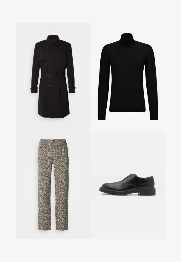 Juodas ilgas paltas su dvigubu užsegimu, didelėmis sagomis, diržu ties juosmeniu ir aukštu apykakle. Lygi medžiaga su matinio paviršiaus apdaila.; Juodas aukšto kaklo megztinis, pagamintas iš minkštos medžiagos, su ilgomis rankovėmis ir prigludusia forma. Su raukiniais apačioje ir rankogaliuose. Paprastas dizainas.; Gėlių raštuoti kelnės smėlio, juodos ir oranžinės spalvų. Pagamintos iš lengvos medžiagos, turi tiesų kirpimą ir sagčių užsegimą.; Juodas odinis batų modelis su raišteliais, apvaliu nosiu, lygiu paviršiumi, minimaliai siuvinėjimu ir žemu guminėmis pakulne. Ant pakulnės šalia logo.