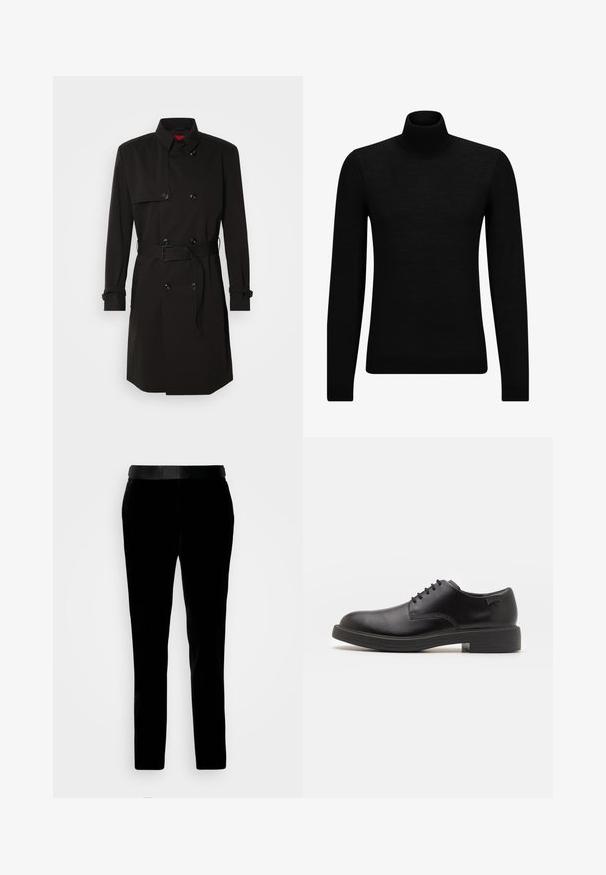 Fekete trench kabát, dupla gombos dizájnnal, nagy gombokkal, övvel ellátott derékkal és magas gallérral. Simább anyag, matt felülettel.; Fekete garbó pulóver puha anyagból, hosszú ujjakkal és szoros fazonnal. Ribbed díszítés az alján és az ujjak végén. Egyszerű dizájn.; Fekete bársony nadrág, testhezálló szabással, sima textúrával és hozzáillő derékrésszel. Egyenes szárakkal és oldalsó zsebekkel rendelkezik.; Fekete bőrcipő, kerek orrú, sima felületű, minimális varrással és alacsony gumitalppal. Logó a sarokrészen.