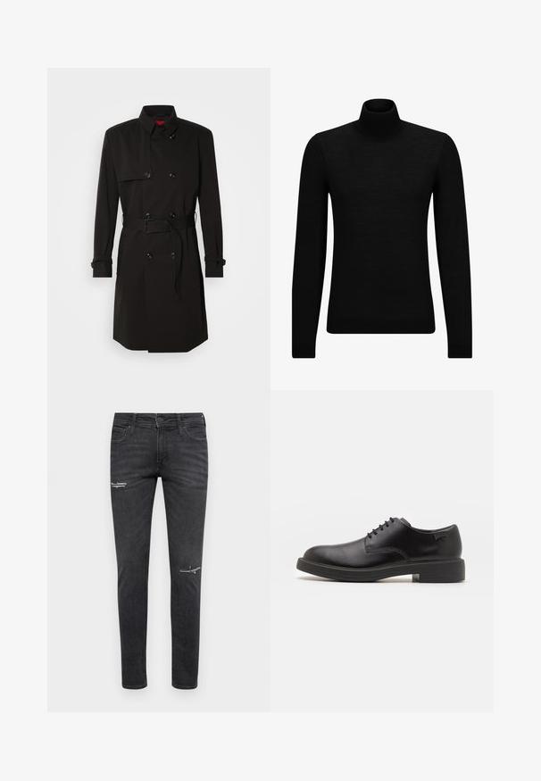 Mustat trench-takit, joissa on kaksirivinen malli, suuret napit, vyötärönauha ja korkea kaulus. Sileä kangas matta pinnalla.; Mustahuivi neule, joka on valmistettu pehmeästä materiaalista, jossa on pitkät hihat ja tiukka istuvuus. Ribbaus reunassa ja hihansuissa. Yksinkertainen muotoilu.; Mustat slim-fit farkut, joissa on kulutuspintaa polvissa, viiden taskun muotoilu sekä perinteinen nappi- ja vetoketjusuljenta.; Mustat nahkasaappaat, joissa on pyöreä kärki, sileä pinta, minimaalinen ommel ja matala kumipohja. Logo kannassa.