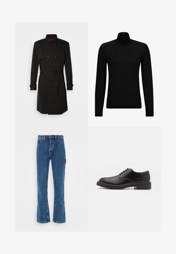 Juodas ilgas paltas su dvigubu užsegimu, didelėmis sagomis, diržu ties juosmeniu ir aukštu apykakle. Lygi medžiaga su matinio paviršiaus apdaila.; Juodas aukšto kaklo megztinis, pagamintas iš minkštos medžiagos, su ilgomis rankovėmis ir prigludusia forma. Su raukiniais apačioje ir rankogaliuose. Paprastas dizainas.; Aukšto juosmens, pločio džinsai vidutinio mėlynumo džinsinio audinio. Yra priekinis sagtys, du šoninės kišenės ir kišenė ant kojos.; Juodas odinis batų modelis su raišteliais, apvaliu nosiu, lygiu paviršiumi, minimaliai siuvinėjimu ir žemu guminėmis pakulne. Ant pakulnės šalia logo.