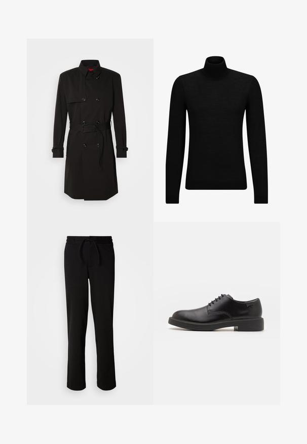 Black trench coat featuring a double-breasted design, large buttons, a belted waist, and a high collar. Smooth fabric with a matte finish.; Black turtleneck sweater made of soft material, featuring long sleeves and a snug fit. Ribbed trim at the hem and cuffs. Simple design.; Black sweatpants with a drawstring waistband, made from soft, stretchy fabric. Features a relaxed fit with straight legs and no visible pockets.; Black leather lace-up shoe with a rounded toe, smooth texture, minimal stitching, and a low rubber heel. Logo on the heel.