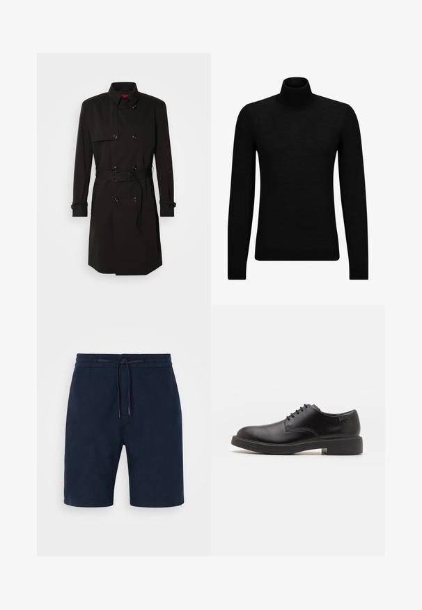 Sort trenchcoat med dobbeltrækkerdesign, store knapper, beltestrop i taljen og høj krave. Glat stof med mat finish.; Sort turtleneck sweater lavet af blødt materiale, med lange ærmer og en tætsiddende pasform. Ribbet trim ved kanten og manchetter. Simpelt design.; Mørkeblå shorts lavet af blødt stof, med elastisk talje og snor, sidelommer og lige ben.; Sorte læder snørestøvle med rund tå, glat tekstur, minimal syning og lav gummihæl. Logo på hælen.