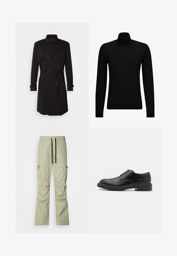 Black trench coat featuring a double-breasted design, large buttons, a belted waist, and a high collar. Smooth fabric with a matte finish.; Black turtleneck sweater made of soft material, featuring long sleeves and a snug fit. Ribbed trim at the hem and cuffs. Simple design.; Light green cargo pants with a relaxed fit, elastic waistband, black drawstring, two side pockets, and subtle stitching details.; Black leather lace-up shoe with a rounded toe, smooth texture, minimal stitching, and a low rubber heel. Logo on the heel.