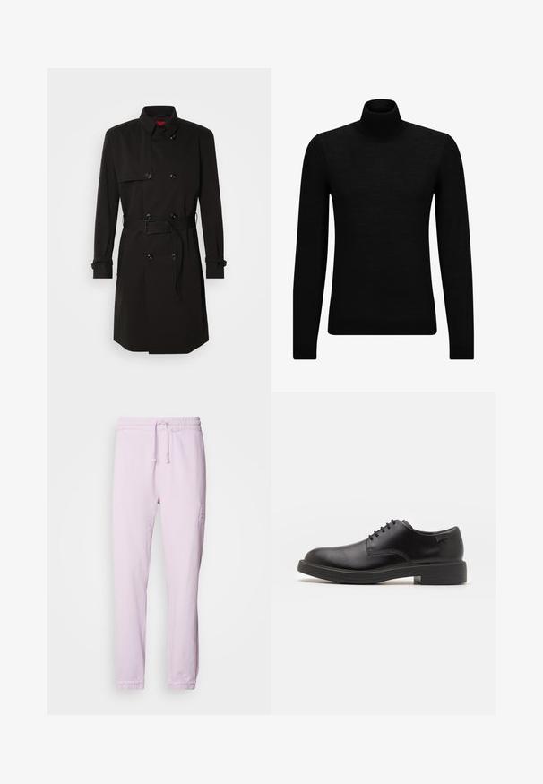 Black trench coat featuring a double-breasted design, large buttons, a belted waist, and a high collar. Smooth fabric with a matte finish.; Black turtleneck sweater made of soft material, featuring long sleeves and a snug fit. Ribbed trim at the hem and cuffs. Simple design.; Light pink jogger pants made of cotton, featuring an elastic waistband with drawstring, cuffed ankles, and a subtle embroidered logo detail.; Black leather lace-up shoe with a rounded toe, smooth texture, minimal stitching, and a low rubber heel. Logo on the heel.