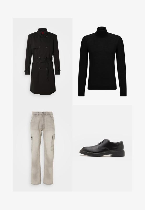 Black trench coat featuring a double-breasted design, large buttons, a belted waist, and a high collar. Smooth fabric with a matte finish.; Black turtleneck sweater made of soft material, featuring long sleeves and a snug fit. Ribbed trim at the hem and cuffs. Simple design.; Beige cargo pants made from denim, featuring two side pockets, a straight leg design, and visible stitching. Textured finish with a faded look.; Black leather lace-up shoe with a rounded toe, smooth texture, minimal stitching, and a low rubber heel. Logo on the heel.