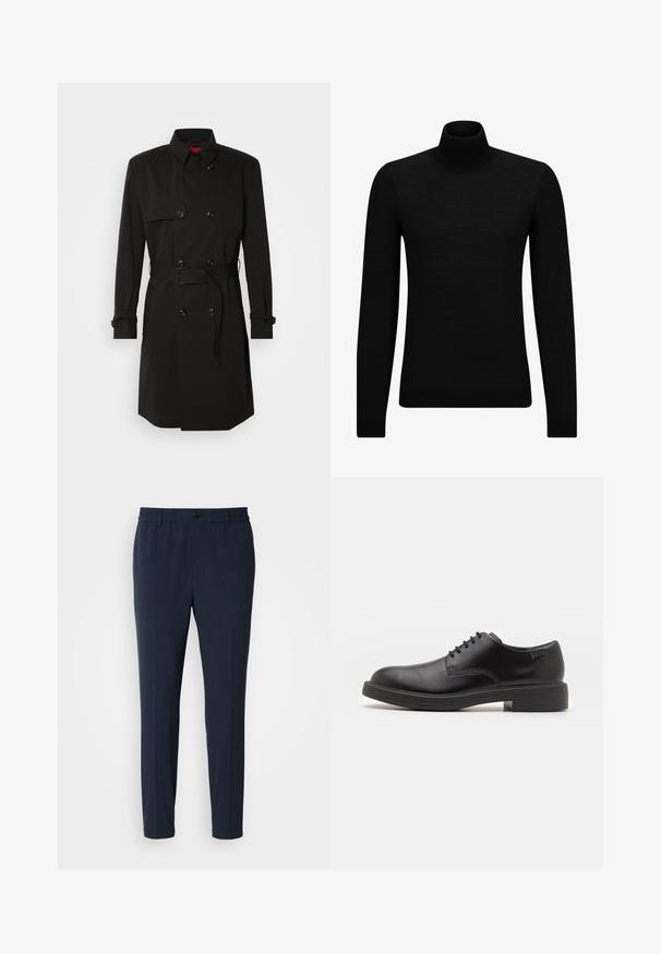 Sort trenchcoat med dobbeltrækkerdesign, store knapper, beltestrop i taljen og høj krave. Glat stof med mat finish.; Sort turtleneck sweater lavet af blødt materiale, med lange ærmer og en tætsiddende pasform. Ribbet trim ved kanten og manchetter. Simpelt design.; Mørkeblå, lige ben bukser med elastisk talje, der har en frontknaplukning og en glat stofstruktur.; Sorte læder snørestøvle med rund tå, glat tekstur, minimal syning og lav gummihæl. Logo på hælen.