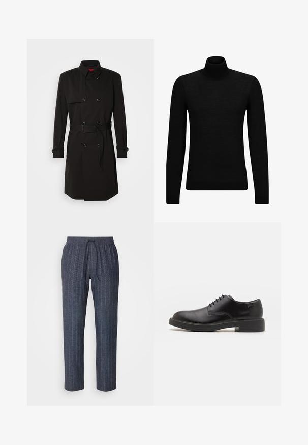 Black trench coat featuring a double-breasted design, large buttons, a belted waist, and a high collar. Smooth fabric with a matte finish.; Black turtleneck sweater made of soft material, featuring long sleeves and a snug fit. Ribbed trim at the hem and cuffs. Simple design.; Les Deux PATRICK PANTS - Trousers - dark navy/ivory; Black leather lace-up shoe with a rounded toe, smooth texture, minimal stitching, and a low rubber heel. Logo on the heel.