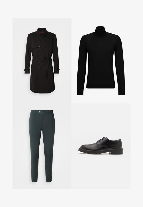 Fekete trench kabát, dupla gombos dizájnnal, nagy gombokkal, övvel ellátott derékkal és magas gallérral. Simább anyag, matt felülettel.; Fekete garbó pulóver puha anyagból, hosszú ujjakkal és szoros fazonnal. Ribbed díszítés az alján és az ujjak végén. Egyszerű dizájn.; Sötétzöld nadrág, testre szabott fazonnal, lapos elülső résszel, övbújtatókkal és egy gombos záródással. Simább textúrájú, minta nélkül.; Fekete bőrcipő, kerek orrú, sima felületű, minimális varrással és alacsony gumitalppal. Logó a sarokrészen.