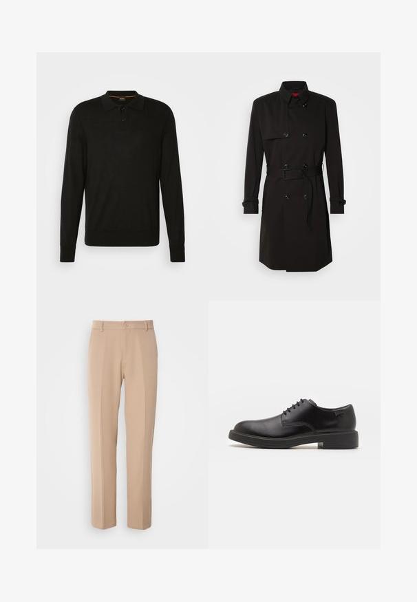 Schwarzer Trenchcoat mit einem doppelt knöpfbaren Design, großen Knöpfen, einem taillierten Gürtel und einem hohen Kragen. Glattes Material mit matter Oberfläche.; Schwarzes Langarm-Polohemd aus glattem Stoff, mit einer zwei-knöpfigen Knopfleiste, gerippten Bündchen und dezentem Logo-Stick.; Beige Hosen aus glattem Stoff, mit gerade geschnittenem Bein, einem vorderen Knopfverschluss und subtilen Falten entlang der Vorderseite.; Schwarzer Leder-Schnürschuh mit abgerundetem Zeh, glatter Textur, minimaler Naht und niedrigem Gummiabsatz. Logo auf der Ferse.