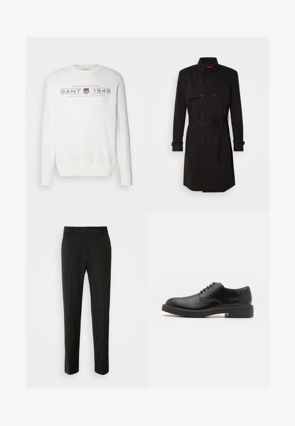 Zwarte trenchcoat met een dubbelzijdig ontwerp, grote knopen, een tailleband en een hoge kraag. Gladde stof met een matte afwerking.; Witte sweatshirt met lange mouwen, ronde hals en geribde manchetten. Bevat de tekst "GANT 1949" en een logo in donkerblauw en rood.; Zwarte broek van gladde stof, met rechte pijpen, een knoopsluiting en een klassiek ontwerp dat geschikt is voor zowel formele als casual gelegenheid.; Zwarte leren veterschoen met een ronde neus, een gladde textuur, minimale stiksels en een lage rubberen hak. Logo op de hak.
