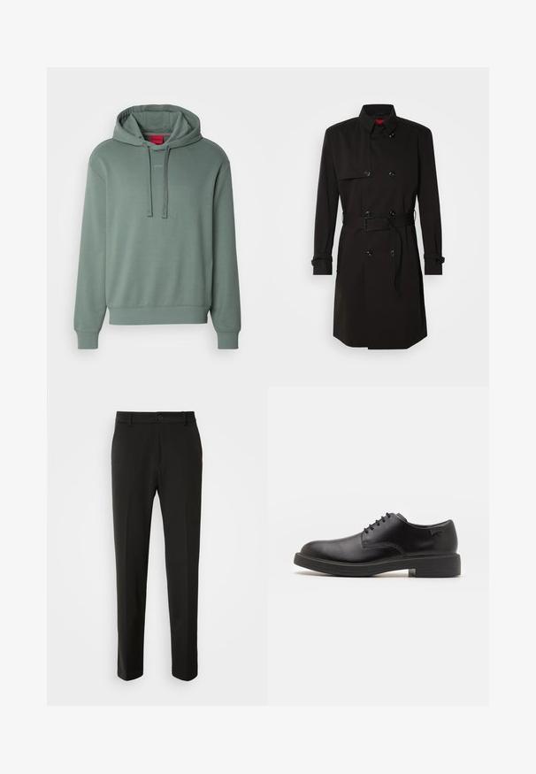 Černý trenčkot s dvouvrstvým designem, velkými knoflíky, páskem v pase a vysokým límcem. Hladká tkanina s matným povrchem.; Zelená mikina s kapucí vyrobená z měkké bavlněné směsi, s nastavitelnou kapucí, předním logem a žebrovanými manžetami a lemem. Jednoduchý, příjemně volný střih.; Černé kalhoty vyrobené z hladkého materiálu, s rovnými nohavicemi, zapínáním na knoflík a klasickým designem vhodným pro formální i neformální nošení.; Černé kožené šněrovací boty s kulatou špičkou, hladkým povrchem, minimálním prošíváním a nízkým gumovým podpatkem. Logo na patě.