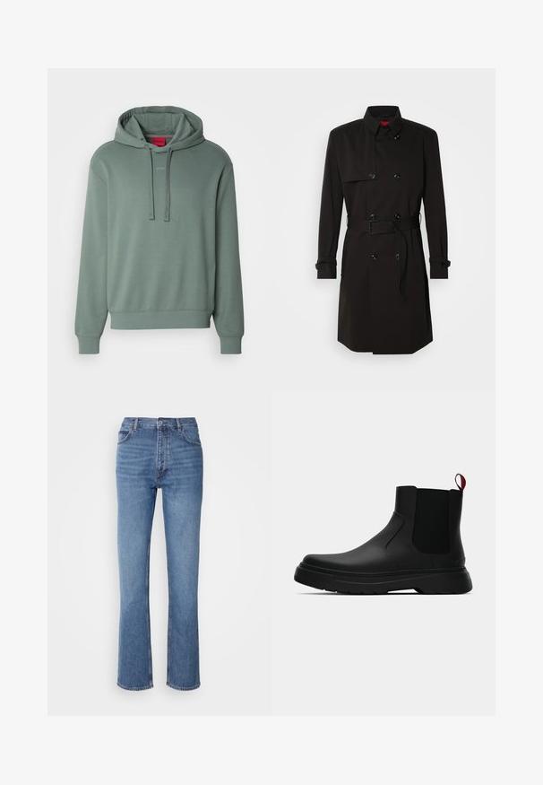 Čierny trenčkot s dvojradovým dizajnom, veľkými gombíkmi, opaskom v páse a vysokým golierom. Hladká tkanina s matným povrchom.; Zelená mikina s kapucňou vyrobená z mäkkej zmesi bavlny, s nastaviteľnou kapucňou a predným logom, a rebrovanými manžetami a spodným okrajom. Jednoduchý, voľný strih.; Modré denimové džínsy s vysokým pásom, rovnými nohavicami a jemným vyblednutím. Majú klasický strih s piatimi vreckami a zapínanie na zips.; Čierne členkové topánky s hladkým povrchom, elastickými bočnými panelmi a kontrastným červeným poutkom, vybavené hrubou gumovou podrážkou a zaoblenou špičkou.