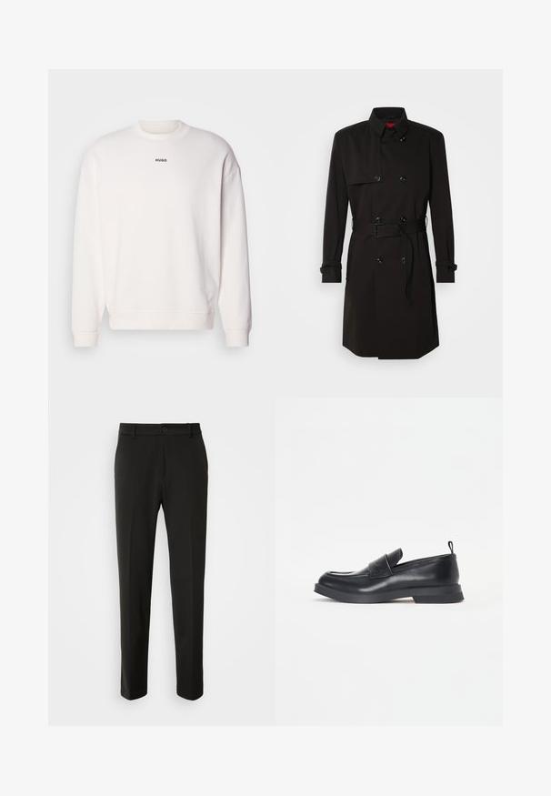 Černý trenčkot s dvouvrstvým designem, velkými knoflíky, páskem v pase a vysokým límcem. Hladká tkanina s matným povrchem.; Bílá mikina s kulatým výstřihem vyrobená z měkké bavlněné směsi, s uvolněným střihem, vroubkovanými manžetami a černým logem "HUGO" na hrudi.; Černé kalhoty vyrobené z hladkého materiálu, s rovnými nohavicemi, zapínáním na knoflík a klasickým designem vhodným pro formální i neformální nošení.; Černé kožené mokasíny s kulatou špičkou, detailním páskem vpředu a nízkou gumovou podrážkou. Obsahují jemné prošívání a zadní poutko.