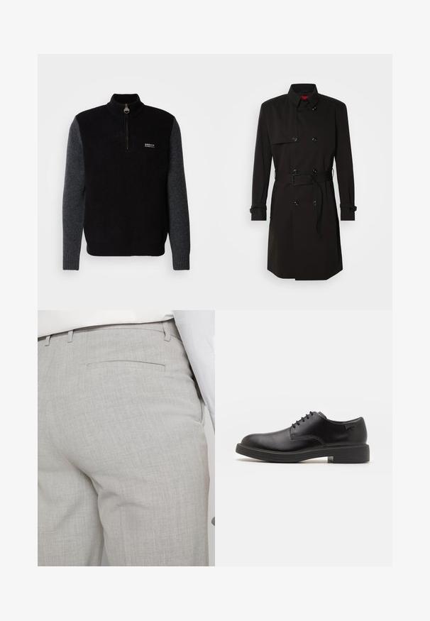 Schwarzer Trenchcoat mit einem doppelt knöpfbaren Design, großen Knöpfen, einem taillierten Gürtel und einem hohen Kragen. Glattes Material mit matter Oberfläche.; Strickpullover mit halbem Reißverschluss, mit schwarzem Körper und grauen Ärmeln, gerippten Bündchen und einem Logo auf der Brust. Material aus Wollmischung.; Hellgraue, maßgeschneiderte Hose aus strukturiertem Stoff, mit einer einzelnen Gesäßtasche und sauberer Nahtführung.; Schwarzer Leder-Schnürschuh mit abgerundetem Zeh, glatter Textur, minimaler Naht und niedrigem Gummiabsatz. Logo auf der Ferse.