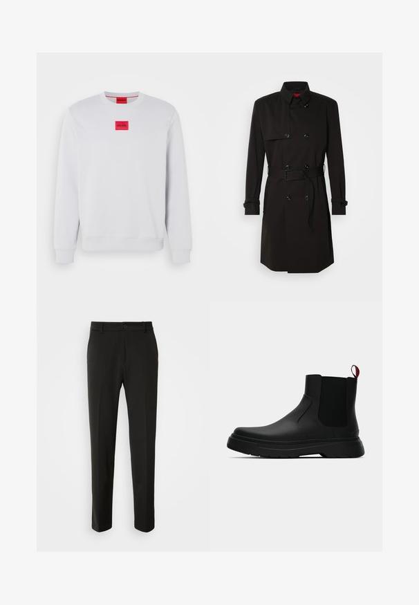 Fekete trench kabát, dupla gombos dizájnnal, nagy gombokkal, övvel ellátott derékkal és magas gallérral. Simább anyag, matt felülettel.; Fehér, pamut keverékből készült pulóver, bordázott mandzsettákkal és aljjal. Az elején, középen egy téglalap alakú, piros logó felvarró található.; Fekete nadrág sima szövetből, egyenes lábakkal, gombos záródással és klasszikus designnal, amely alkalmas formális vagy hétköznapi viseletre.; Fekete bokacipő sima felülettel, ruganyos oldalsó panelek és kontrasztos piros húzópánt jellemzi, vastag gumitalppal és lekerekített orral.