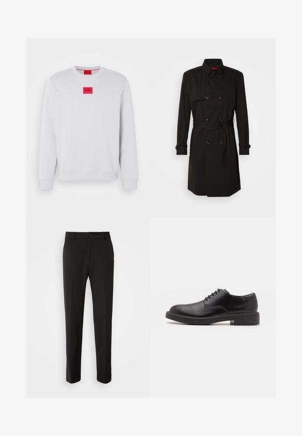 Fekete trench kabát, dupla gombos dizájnnal, nagy gombokkal, övvel ellátott derékkal és magas gallérral. Simább anyag, matt felülettel.; Fehér, pamut keverékből készült pulóver, bordázott mandzsettákkal és aljjal. Az elején, középen egy téglalap alakú, piros logó felvarró található.; Fekete nadrág sima szövetből, egyenes lábakkal, gombos záródással és klasszikus designnal, amely alkalmas formális vagy hétköznapi viseletre.; Fekete bőrcipő, kerek orrú, sima felületű, minimális varrással és alacsony gumitalppal. Logó a sarokrészen.