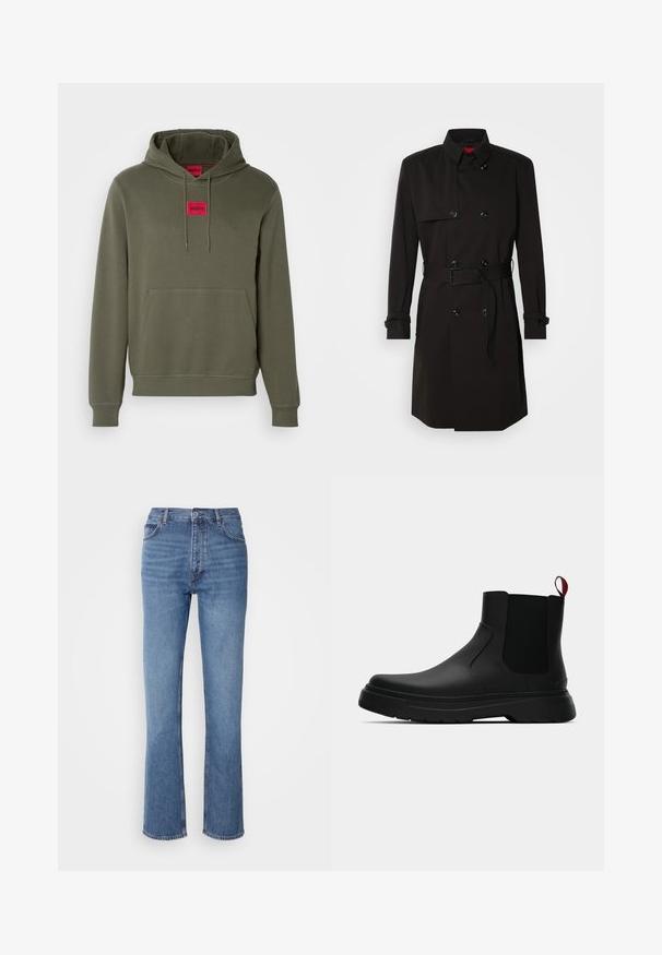 Čierny trenčkot s dvojradovým dizajnom, veľkými gombíkmi, opaskom v páse a vysokým golierom. Hladká tkanina s matným povrchom.; HUGO DARATSCHI - Mikina s kapucňou - dark beige; Modré denimové džínsy s vysokým pásom, rovnými nohavicami a jemným vyblednutím. Majú klasický strih s piatimi vreckami a zapínanie na zips.; Čierne členkové topánky s hladkým povrchom, elastickými bočnými panelmi a kontrastným červeným poutkom, vybavené hrubou gumovou podrážkou a zaoblenou špičkou.