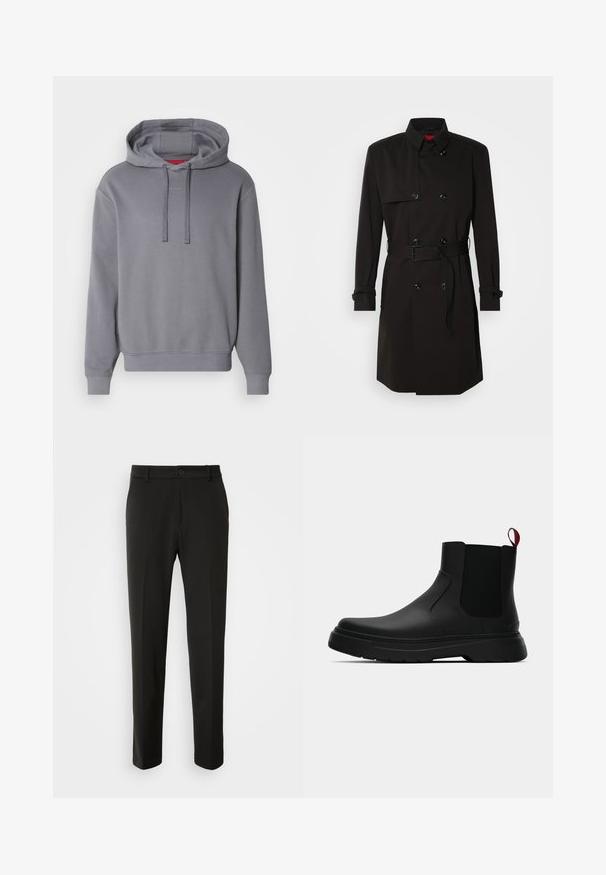 Černý trenčkot s dvouvrstvým designem, velkými knoflíky, páskem v pase a vysokým límcem. Hladká tkanina s matným povrchem.; Šedá mikina s klokaní kapsou, kapucí na stažení a žebrovanými manžetami. Na hrudi je decentní značka "HUGO". Měkká textilie.; Černé kalhoty vyrobené z hladkého materiálu, s rovnými nohavicemi, zapínáním na knoflík a klasickým designem vhodným pro formální i neformální nošení.; Černé kotníkové boty s hladkým povrchem, elastickými bočními panely a kontrastním červeným poutkem, s tlustou gumovou podrážkou a zaoblenou špičkou.
