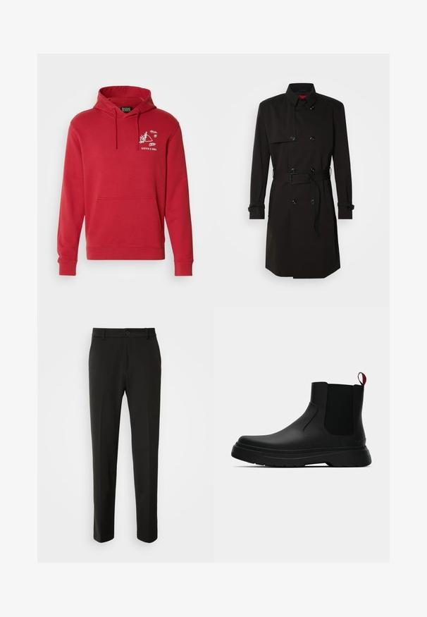 Czarny płaszcz typu trench z podwójnym zapięciem, dużymi guzikami, paskiem w talii oraz wysokim kołnierzem. Gładki materiał o matowym wykończeniu.; Czerwona bawełniana bluza z kapturem, z kieszenią typu kangur i regulowanym kapturem, z białym nadrukiem graficznym na piersi przedstawiającym wzór geometryczny.; Czarne spodnie z gładkiego materiału, z prostymi nogawkami, z zapięciem na guzik i klasycznym wzornictwem, odpowiednie zarówno na formalne, jak i codzienne okazje.; Czarny botek za kostkę o gładkim wykończeniu, z elastycznymi bocznymi panelami i kontrastującą czerwoną pętelką, z grubą gumową podeszwą i zaokrąglonym noskiem.