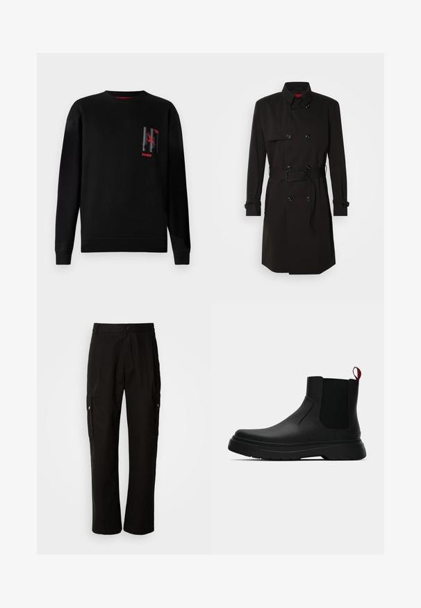 Čierny trenčkot s dvojradovým dizajnom, veľkými gombíkmi, opaskom v páse a vysokým golierom. Hladká tkanina s matným povrchom.; Čierna bavlnená mikina s dlhými rukávmi, so grafickým dizajnom v šedej a červenej farbe na ľavej hrudi, a s rebrovanými manžetami a lemom.; Čierne cargo nohavice vyrobené z bavlny s voľným strihom, majú bočné vrecká, zapínanie na gombík a rovné nohavice. Jednoduchý dizajn bez vzorov.; Čierne členkové topánky s hladkým povrchom, elastickými bočnými panelmi a kontrastným červeným poutkom, vybavené hrubou gumovou podrážkou a zaoblenou špičkou.