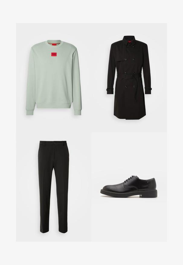 Abrigo negro de trench con diseño de doble botonadura, grandes botones, cintura con cinturón y cuello alto. Tejido suave con un acabado mate.; Sudadera de cuello redondo color verde claro con mangas largas y un parche central rojo etiquetado con "HUGO" en el pecho.; Pantalones negros hechos de una tela suave, con piernas rectas, cierre de botón y un diseño clásico adecuado para ocasiones formales o informales.; Zapato negro de cuero con cordones, punta redondeada, textura suave, costuras mínimas y tacón bajo de goma. Logo en el tacón.