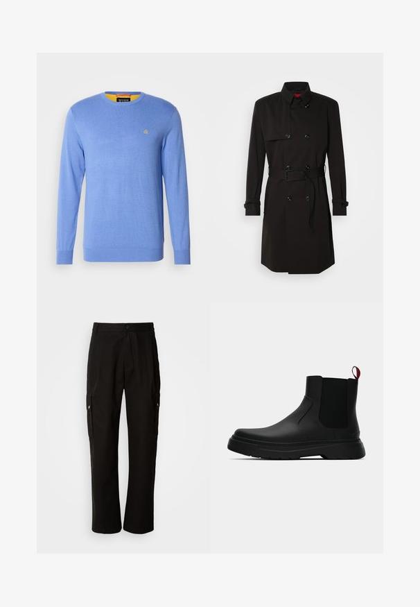 Črni plašč s dvojno zadrgo, velikimi gumbi, pasom in visokim ovratnikom. Gladek material z mat površino.; Svetlo modri pleteni pulover z dolgimi rokavi in okroglim izrezom; ima majhen zlati simbol na prsih in kontrastno rumeno notranjo ovratnico.; Črne cargo hlače iz bombaža z sproščenim krojem, opremljene s stranskimi žepi, gumbom za zapiranje in ravnimi nogami. Preprost dizajn brez vzorcev.; Črne gležnjarje z gladkim zaključkom, elastičnimi stranskimi paneli in kontrastnim rdečim izvlečnim trakom, ki vključujejo debel gumijast podplat in zaobljen nos.