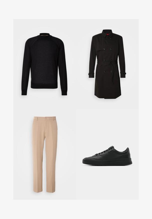 Black trench coat featuring a double-breasted design, large buttons, a belted waist, and a high collar. Smooth fabric with a matte finish.; Black knit sweater with a high neck, long sleeves, and ribbed cuffs. Features a smooth texture and a classic, fitted design.; Beige trousers made from smooth fabric, featuring a straight-leg design, a front button closure, and subtle crease details along the front.; Black sneaker with smooth leather upper, round toe, flat laces, cushioned collar, and minimalistic design. Rubber sole with subtle tread pattern.