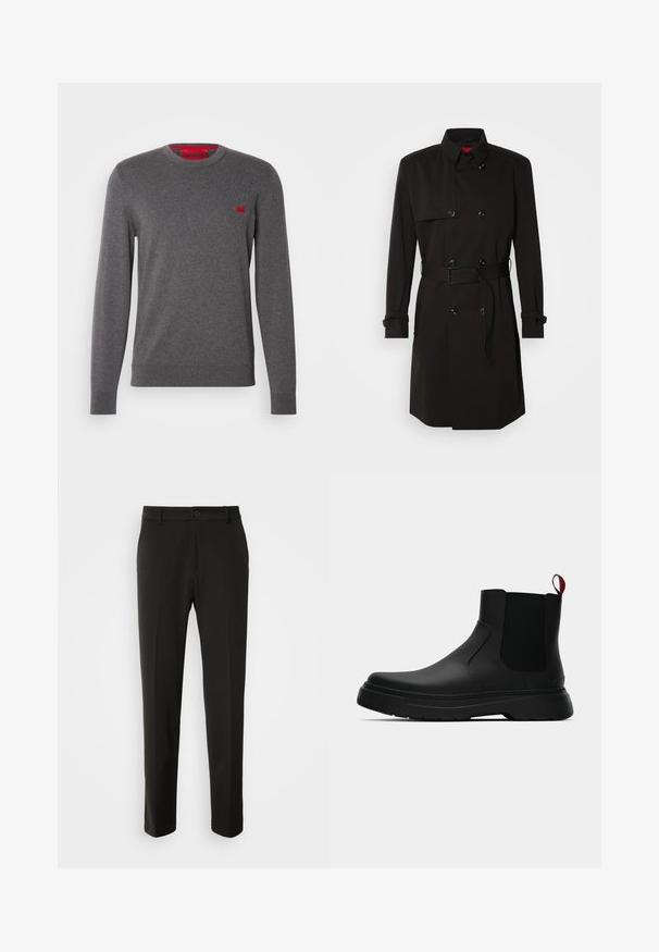 Crni trench kaput s dvostrukim kopčanjem, velikim gumbima, remenom u struku i visokim ovratnikom. Glatka tkanina s mat završetkom.; Sivi pulover dugih rukava s okruglim izrezom izrađen od mekog materijala, sa malom crvenom logom na prsima, rebrastim manžetama i rubom za usklađen izgled.; Crni hlače od glatkog materijala, s ravnim nogavicama, zatvaranjem na dugme i klasičnim dizajnom prikladnim za formalne ili ležerne prilike.; Crni gležnjači s glatkom površinom, elastičnim bočnim panelima i kontrastnom crvenom vučnom petljom, s debelim gumenim potplatom i zaobljenim vrhom.