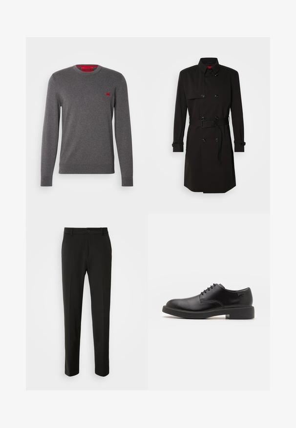 Palton negru cu un design cu dublu rând, butoane mari, talie cu curea și guler înalt. Material neted cu o finisare mată.; Pulover gri cu guler rotund dintr-un material moale, având o mică etichetă roșie cu logo pe piept, manșete și tiv cu nervuri pentru un aspect ajustat.; Pantaloni negri dintr-un material neted, cu picioare drepte, închidere cu nasture și un design clasic, potriviți atât pentru ocazii formale, cât și pentru cele casual.; Pantofii din piele neagră, cu șireturi, au vârful rotunjit, o textură netedă, cusături minime și un toc de cauciuc scăzut. Logo pe toc.