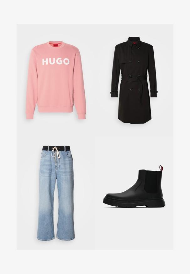Black trench coat featuring a double-breasted design, large buttons, a belted waist, and a high collar. Smooth fabric with a matte finish.; Pink sweatshirt made of cotton with a crew neckline. Features large white "HUGO" branding on the front and ribbed cuffs.; Light blue wide-leg jeans with a black elastic waistband, featuring a drawstring closure and classic five-pocket design.; Black ankle boot with a smooth finish, elastic side panels, and a contrasting red pull tab, featuring a thick rubber sole and rounded toe.
