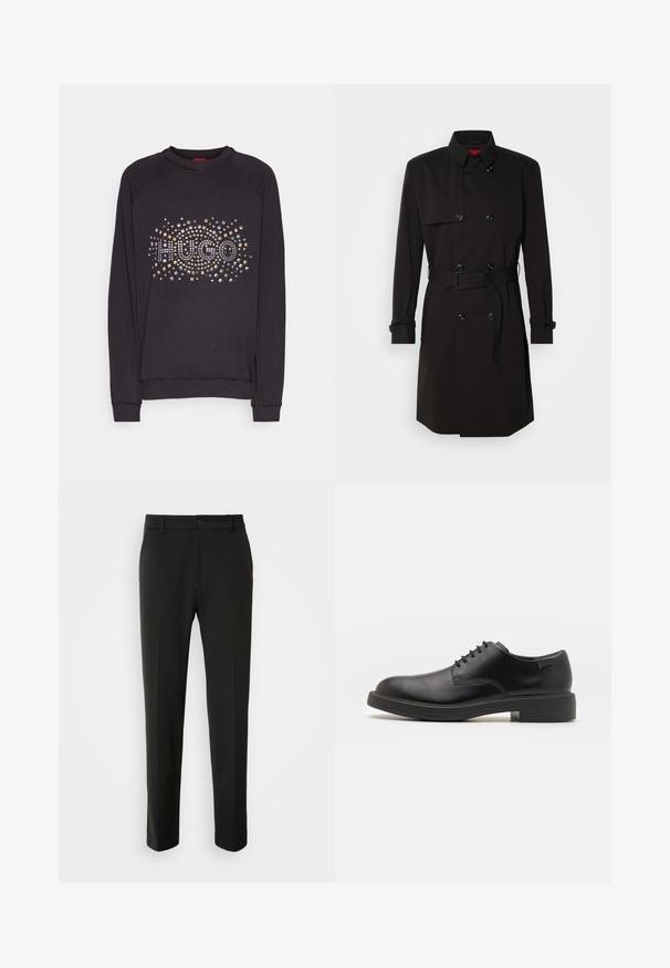 Cappotto lungo nero con design doppiopetto, grandi bottoni, vita con cintura e colletto alto. Tessuto liscio con finitura opaca.; Felpa nera con maniche lunghe, caratterizzata da un design grafico "HUGO" realizzato con borchie metalliche di vari colori sulla parte anteriore.; Pantaloni neri realizzati in tessuto liscio, con gamba dritta, chiusura con bottone e un design classico adatto per abbigliamento formale o casual.; Scarpa nera in pelle con lacci, punta tonda, texture liscia, cuciture minime e tacco in gomma basso. Logo sul tacco.